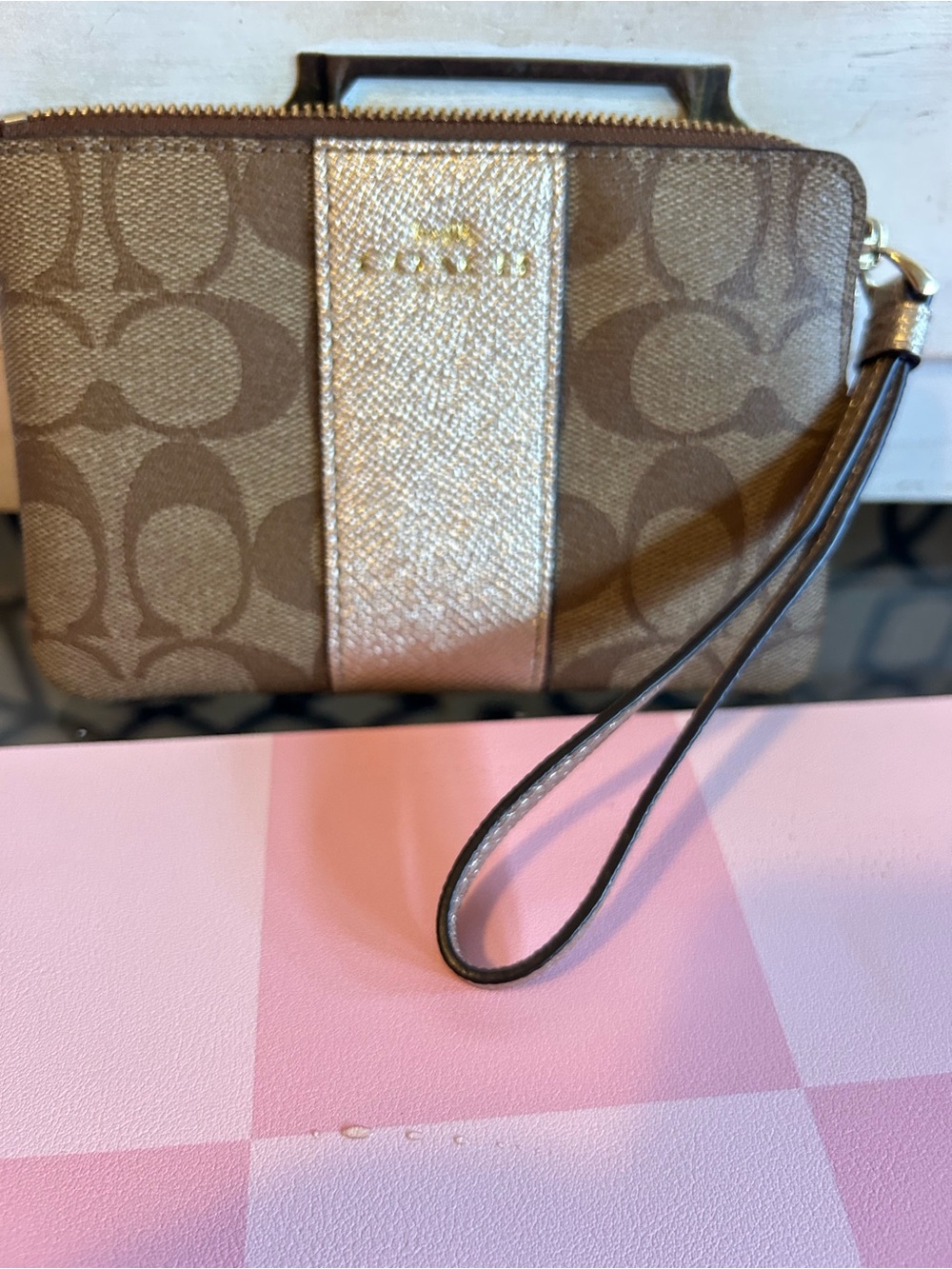Coach Signature Canvas Wristlet with Metallic Center Stripe - Brown/Gold